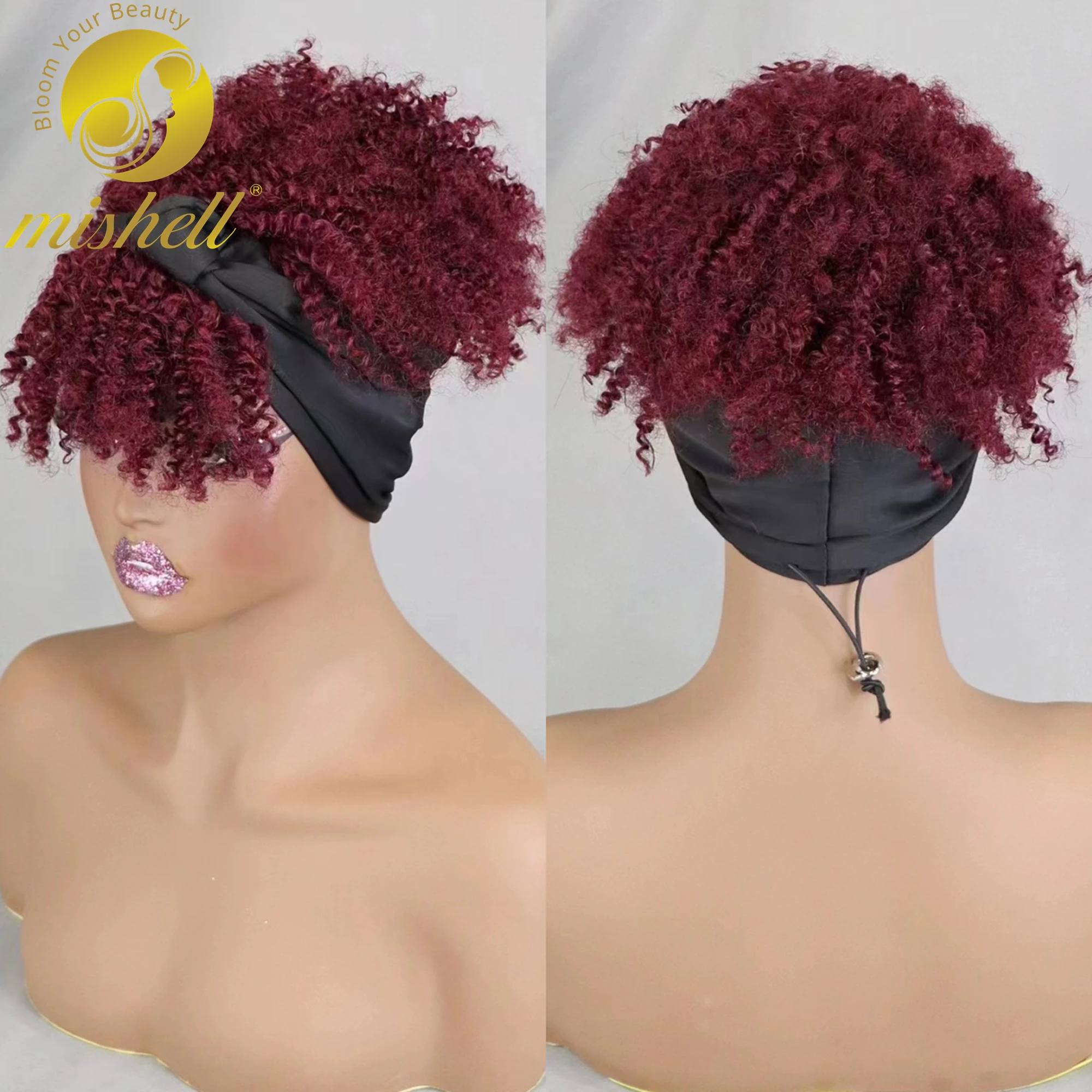 

Afro Kinky Curly Scarf Wig with Bangs Machine Made Wig Burgundy Curly 100%Human Hair Wig Preplucked 200% Density for Black Women