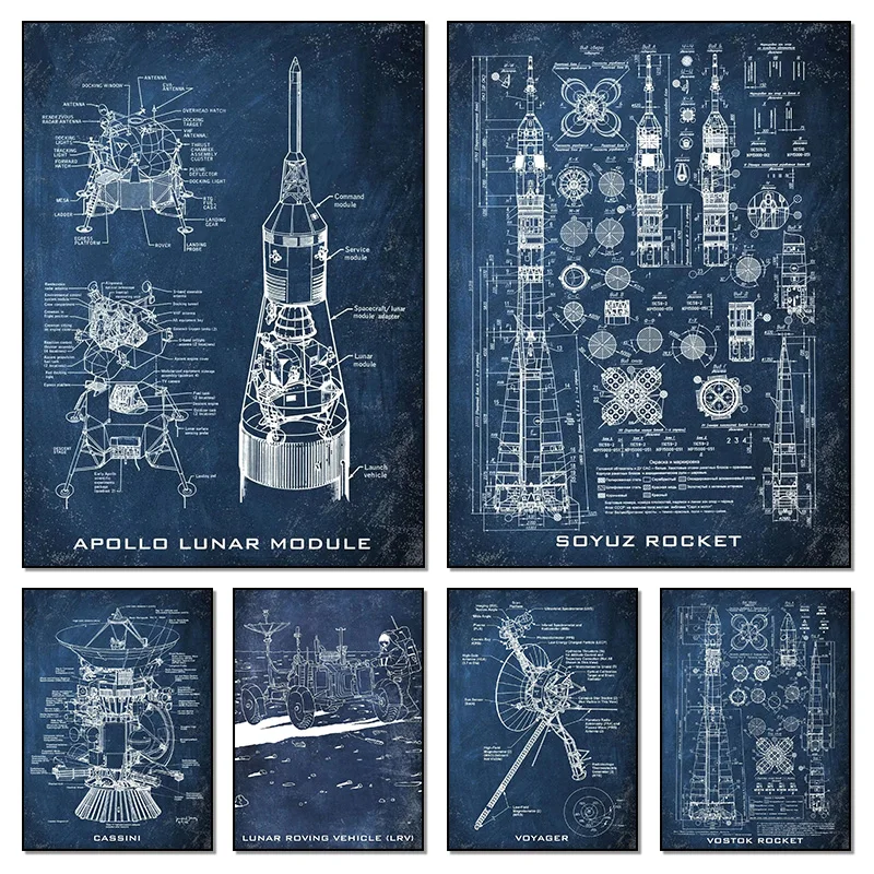 Saturn V Apollo Rocket and Apollo Lunar Module Blueprint Canvas Painting Aviation Artwork Blueprint Posters Space Retro Decor