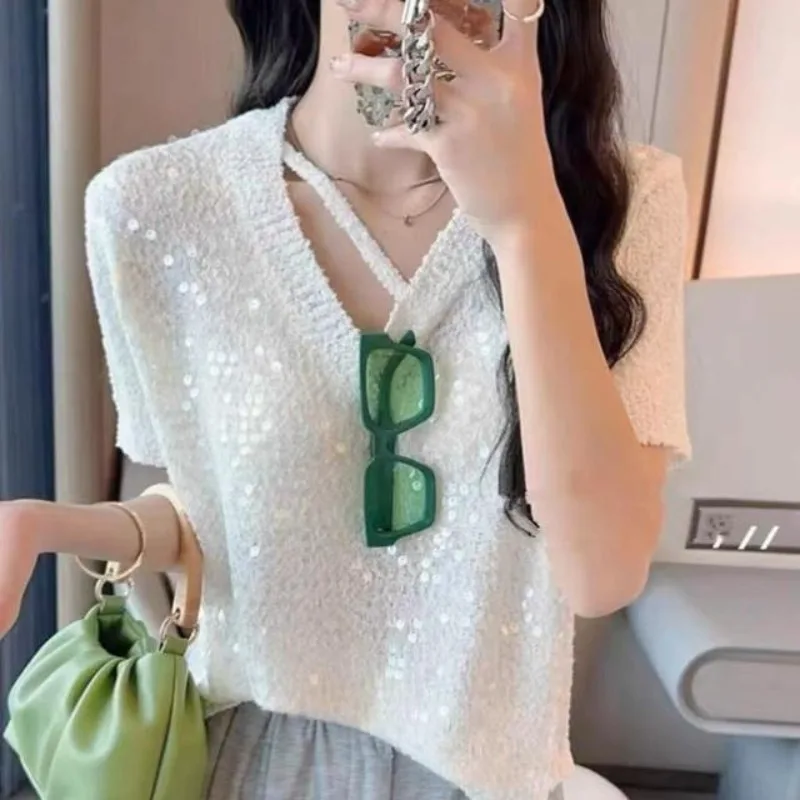 Summer Short Sleeve V-Neck Women's Clothing Solid Color T-shirt Pullover Beaded Sequined All-match Elegant Flattering Tops