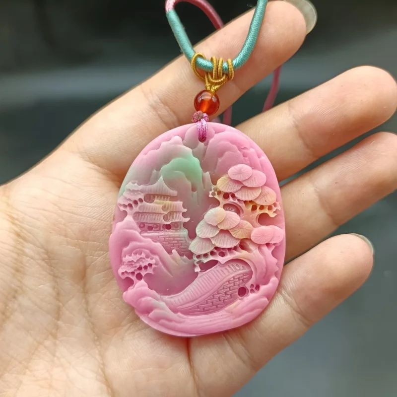 

Colorful Salt Source Agate Landscape Pendant Exquisite Style Beautiful Colorful Jewelry Double-Sided Carving Hot-Selling Pendant