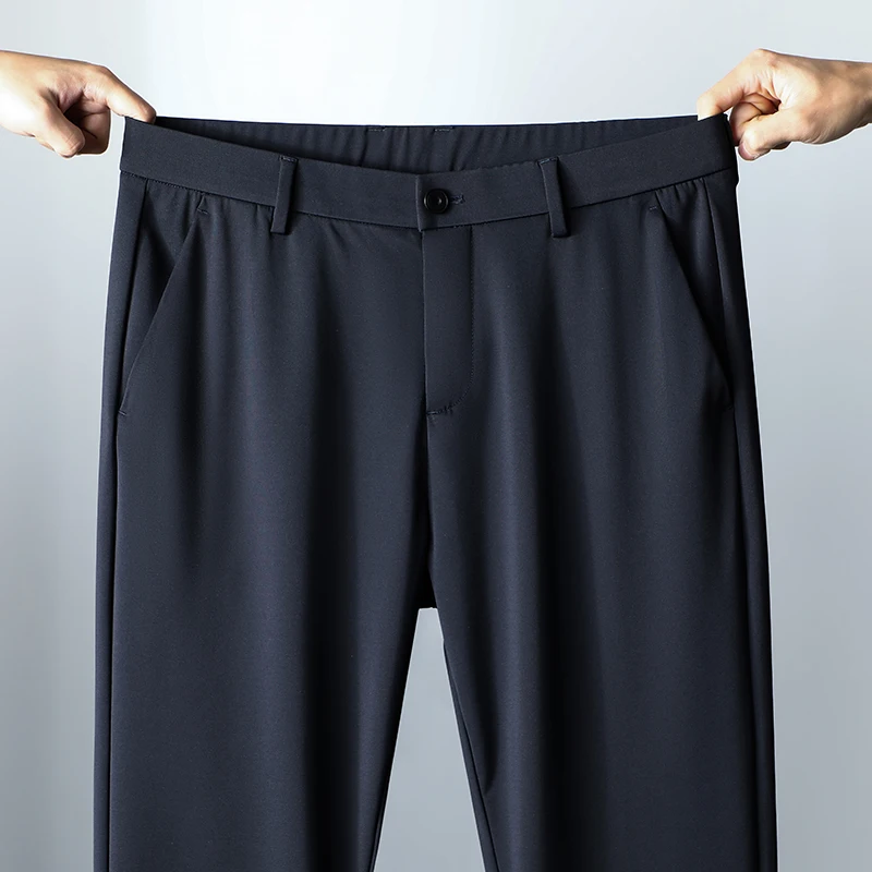 Pantalones casuales de negocios de seda de hielo para hombres, pantalones de traje finos de verano, pantalones elásticos para jóvenes, pantalones de negocios transpirables de oficina diaria