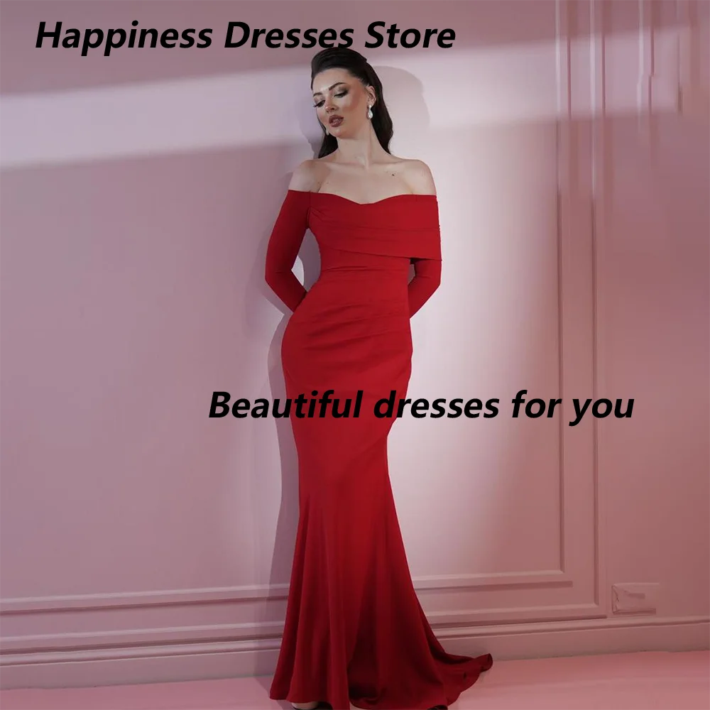 

Red Off The ShoulderEvening Dress Customized Sweetheart Long Sleeves Simple Floor Lnegth Mermaid Cocktail Party Gown Saudi Arab