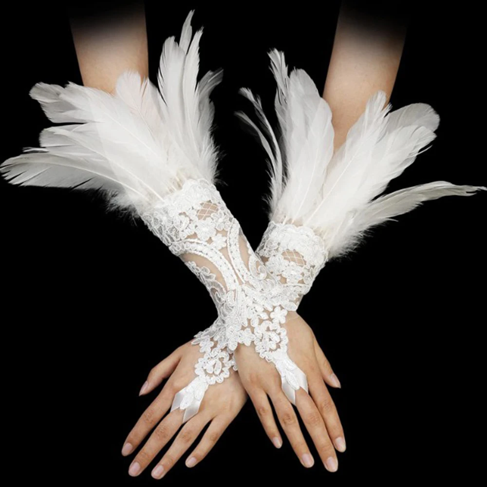 Women Lace Feather Long Gloves Gothic Mesh Sleeve Halloween Party Hook Finger Gloves Embroidery White Female Stage Accessories