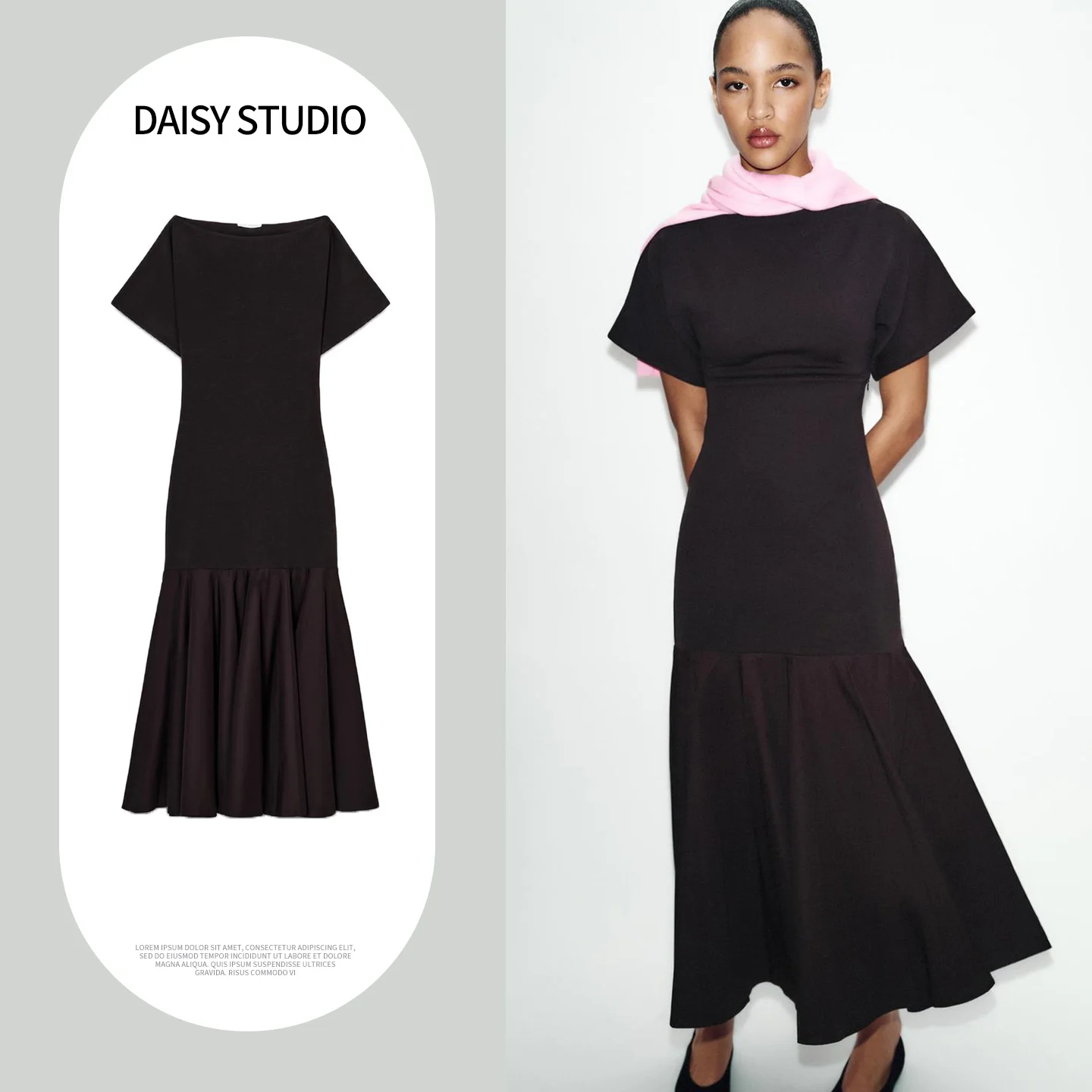 

Spring Commuter Style A-Line Short Sleeve Boat Neck Splice Double-Sided Knitted Dress Slim Fit Fairy Skirt Polyester Fiber