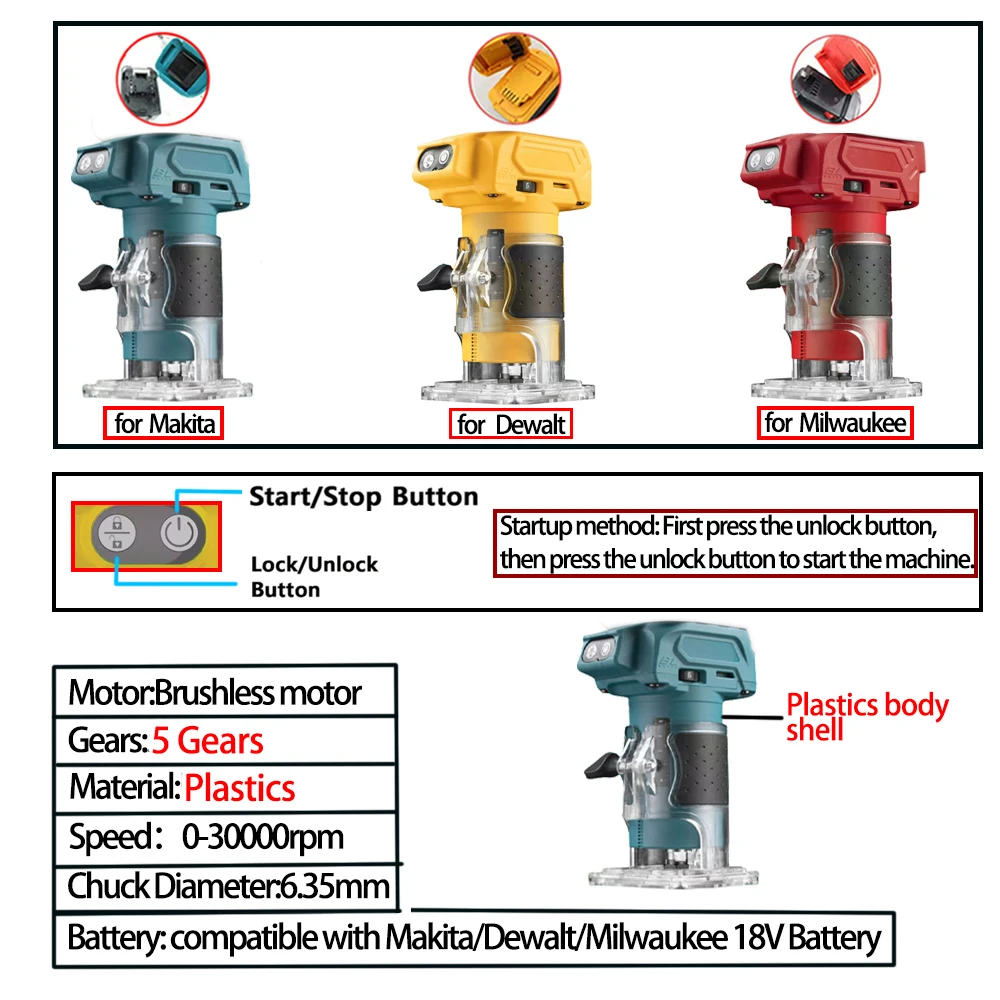 Brushless Trimmer for Woodworking 18V Compatible with Makita Dewalt MK Wood Router Milling Engraving Slotting Machine Tool