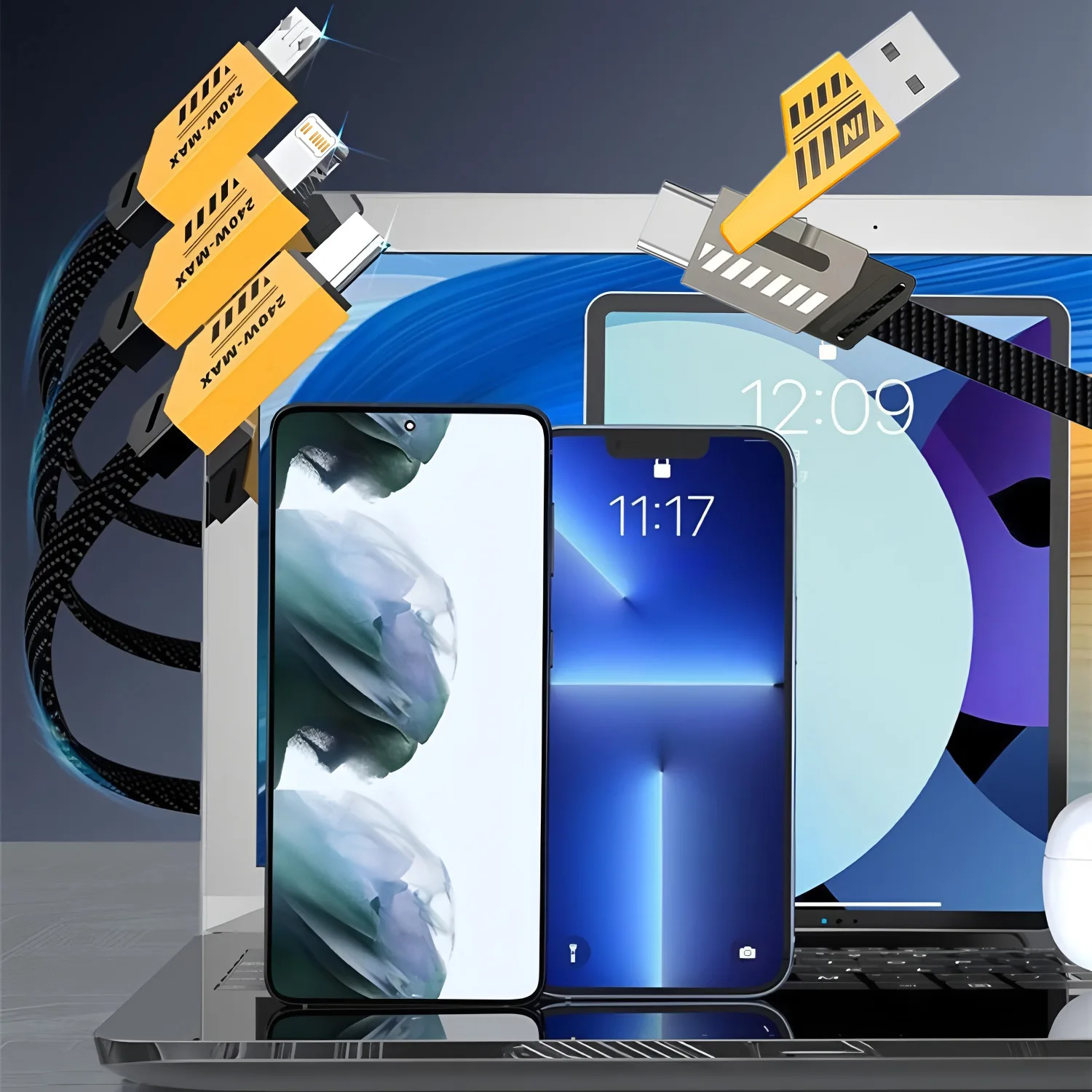 2 en 3 negro 240W Nylon trenzado USB Cable de carga rápida multipuerto tipo C Cable cargador de teléfono para iPhone 16 Samsung Xiaomi