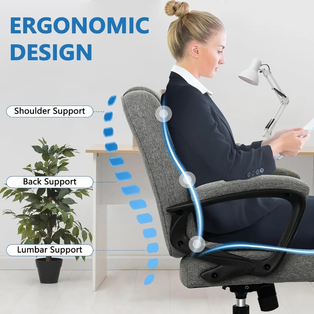 كرسي مكتب منزلي من القماش CLATINA كرسي مكتب دوار مريح من القماش مع مساند للذراعين مبطنة، لفة كتان بارتفاع قابل للتعديل #5