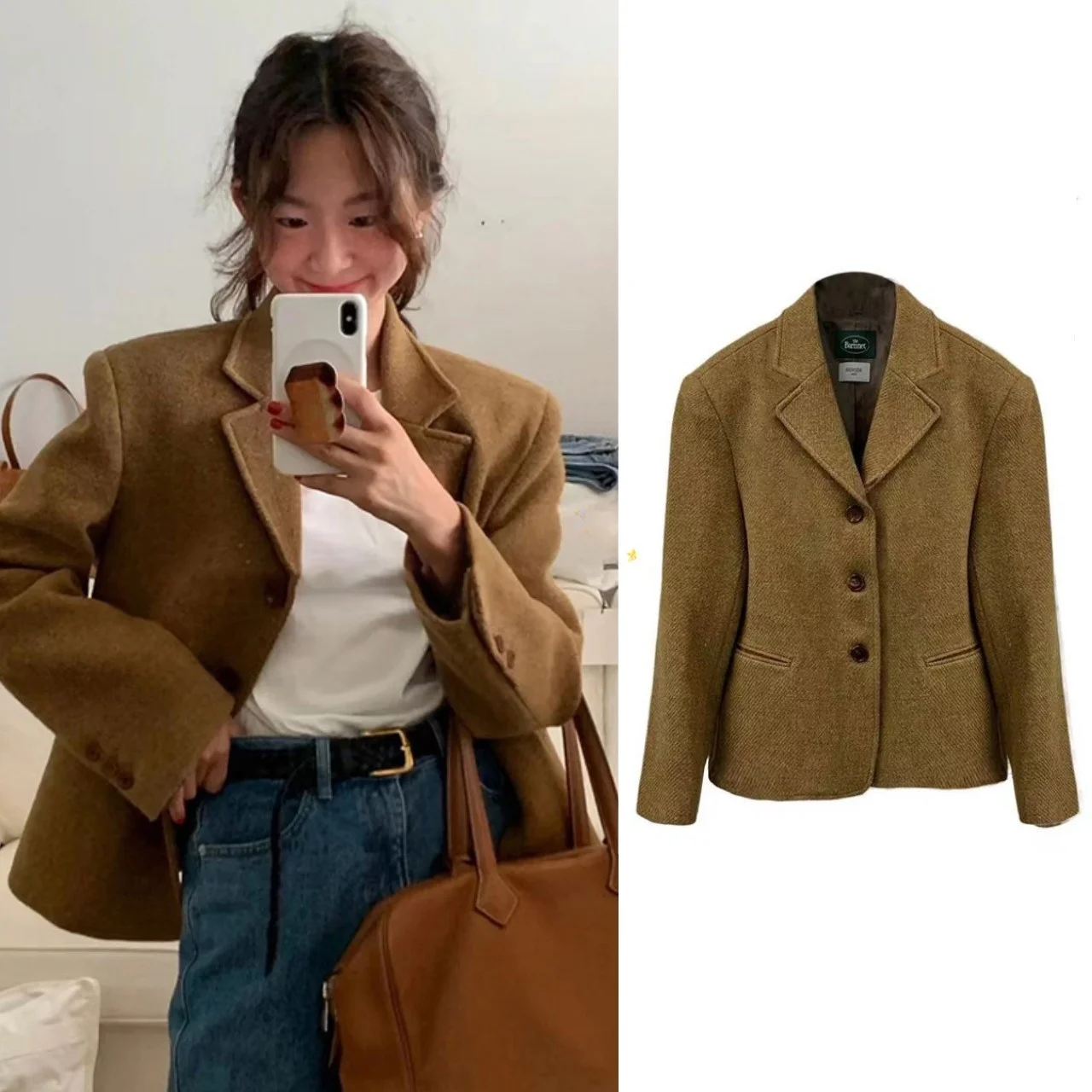 

Autumn Winter Women's Single-Button Woolen Suit Jaet Korean Sle Turn-down Collar Vintage Loose Fit Warm Long Sve