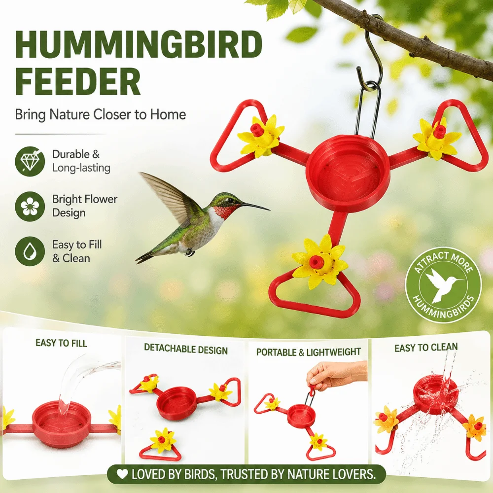 3 Feeding Ports Suspended Hummingbird Feeder Tool-Free Detachable Hummingbird Nectar Feeder Bee Resistant Hanging