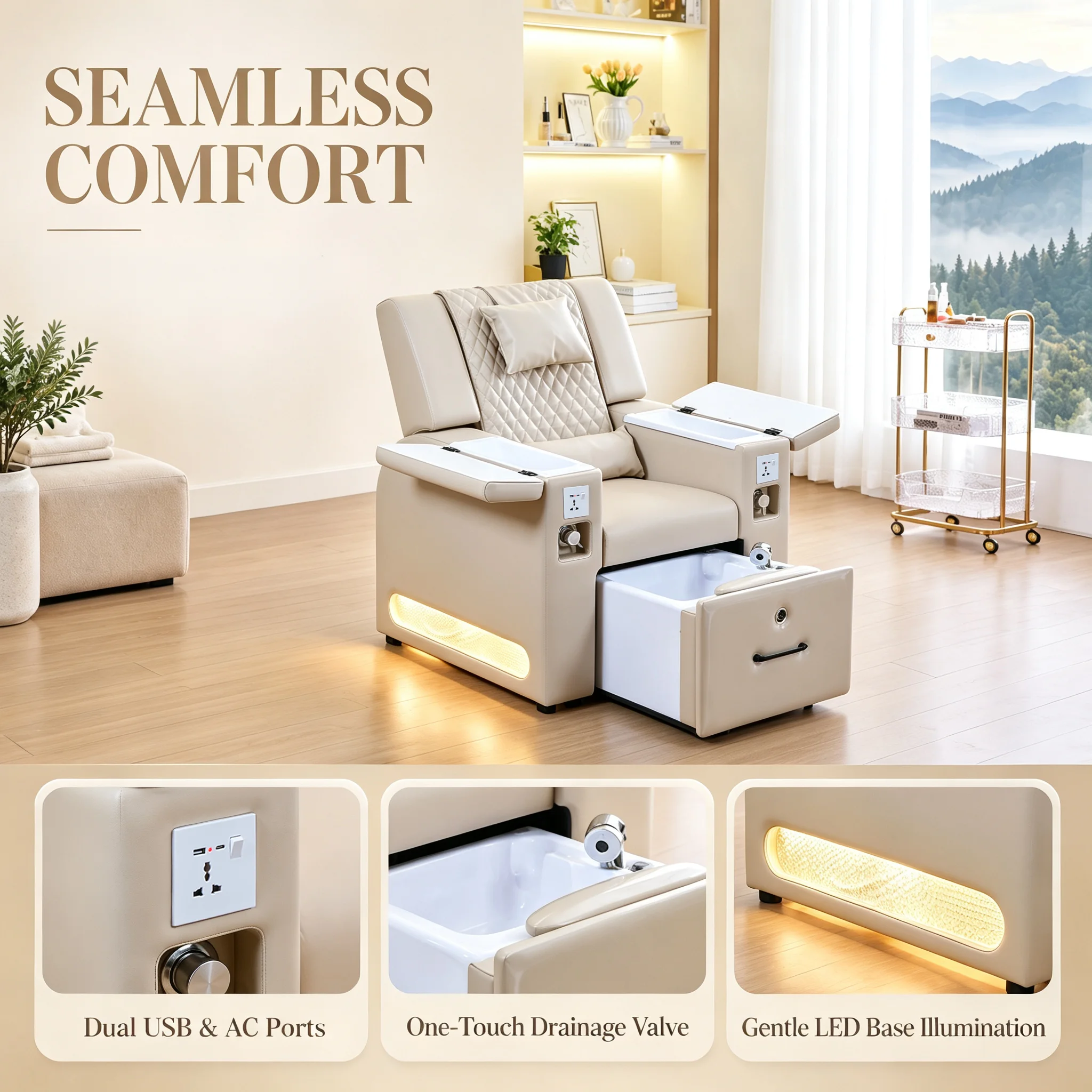 Electric Pedicure Chair Foot Spa Chair Luxury Quilted Leather Reclining Nail Salon Manicure Chair with USB Port Remote Control image 4