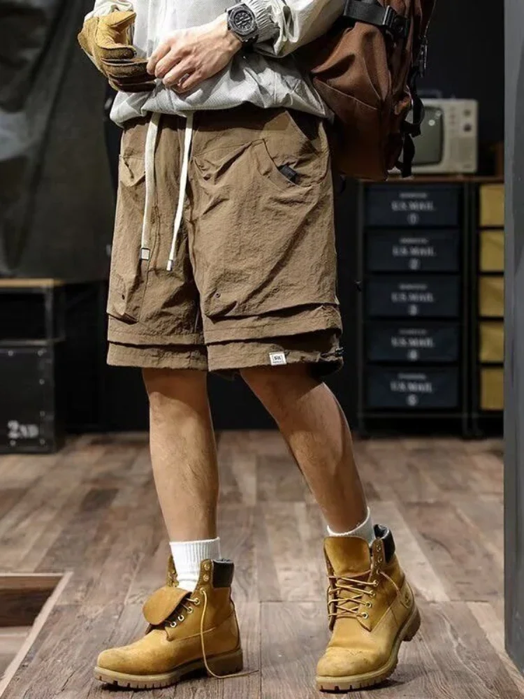 Bermuda with Draw String Mens Cargo Shorts Wide Half Loose Short Pants for Men Baggy Long Pockets Solid Elastic Waist Jorts Y2k