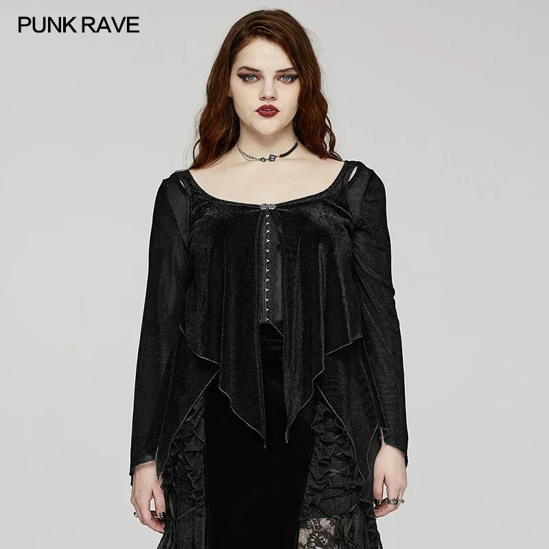 

PUNK RAVE Women's Gothic Fake Two-pieced Elastic Flocked Mesh Long Sleeve Shirt Gorgeous Lace Exquisite Carved Clasps Black Tops