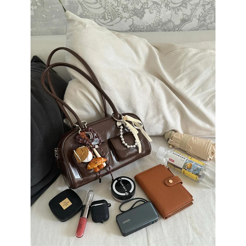 

Large Capaci Bowling Bag Women's Handbag Commuter Single oulder Bag Retro INS Sle Casual Leisure PU Leather Handbag