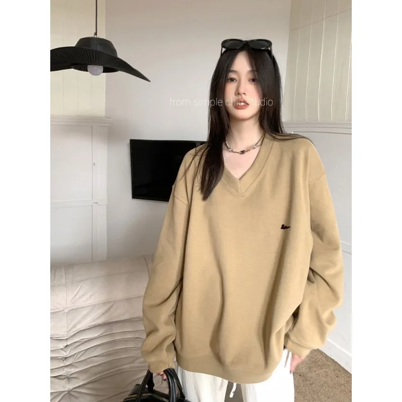 

Spring and Autumn New Thin Simple American Retro V-neck Sweater Women's Loose Slim Casual Top Versatile