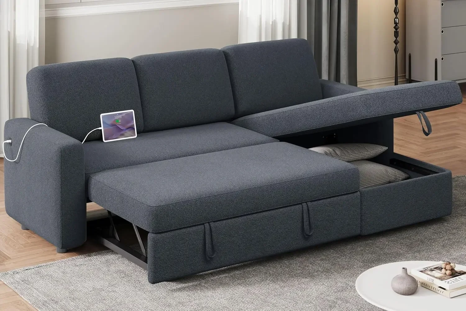 Sectionele bank L-vormige slaapbank met chaise en USB, omkeerbare slaapbank met uittrekbaar bed en opbergruimte, 4-zits