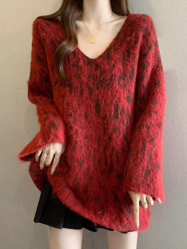 Elegant Red Leopard Print V-Neck Shoulder-Length Cashmere Sweater Women's plus Size Mid-Length Knitwear for Autumn 2026