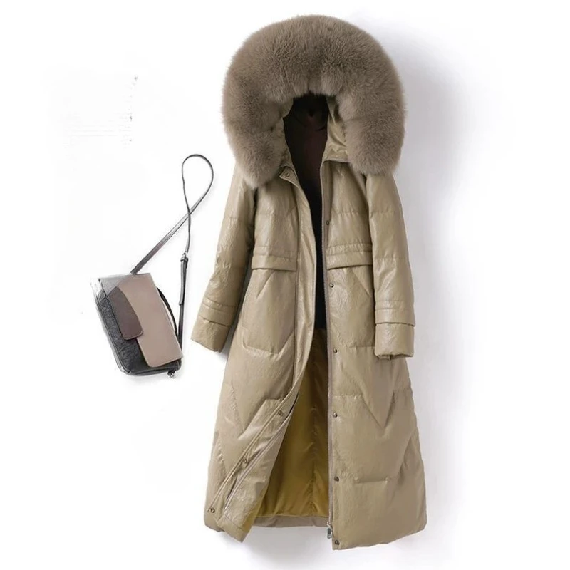 Autumn and winter new big fur collar hooded down jacket women's fashion thickened waist cinched versatile elegant long jacket