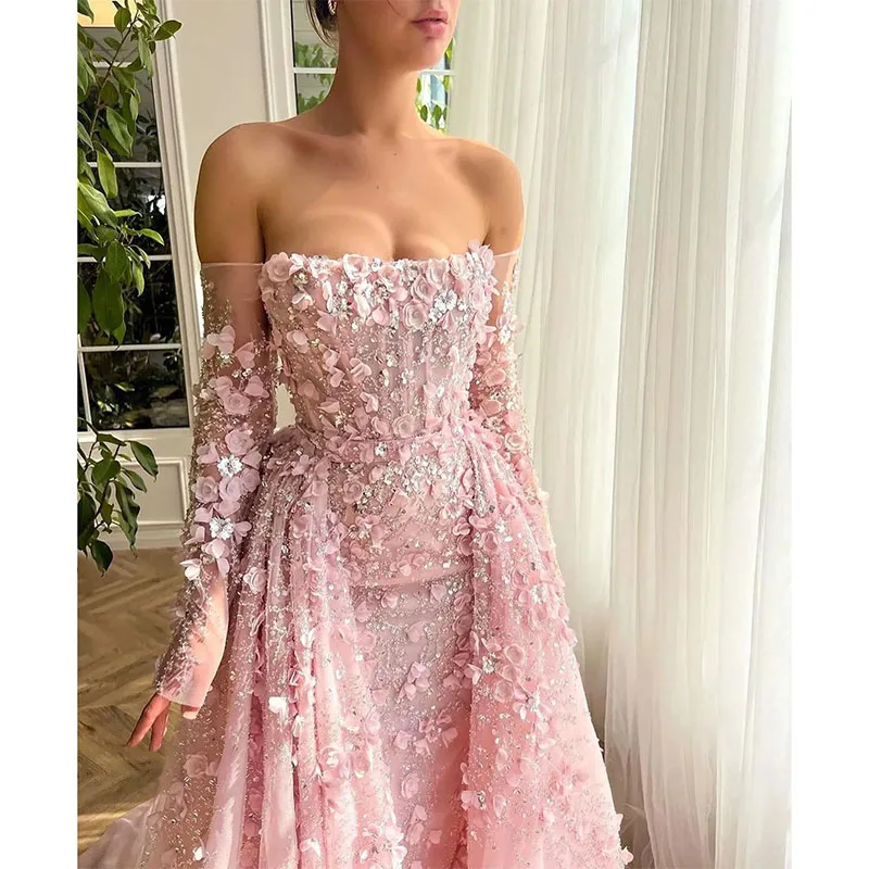 Vestidos de Noche románticos con hombros descubiertos, vestidos de graduación de sirena con lentejuelas con sobrefalda, apliques de manga larga, vestido de fiesta hecho a medida