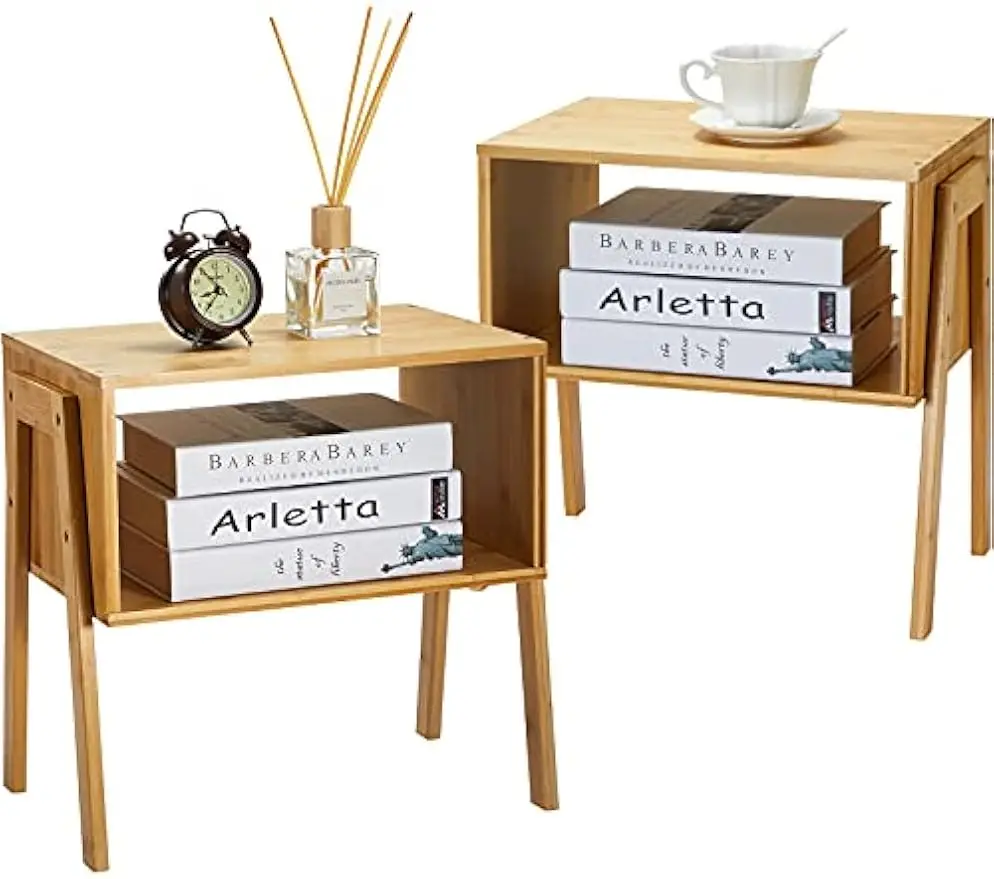 

Stackable Bamboo End Tables, Wood Nightstand for Living Room and Bedroom Storage, Set of 2
