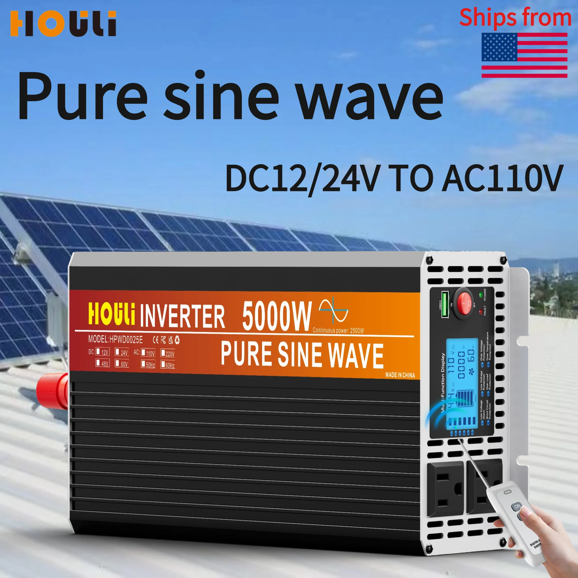 

HOULI 5000W Pure Sine Wave Inverter 12V/24V to 110V AC with Dual US Outlets for Home Solar/RV/CPAP Machine/Portable Generator