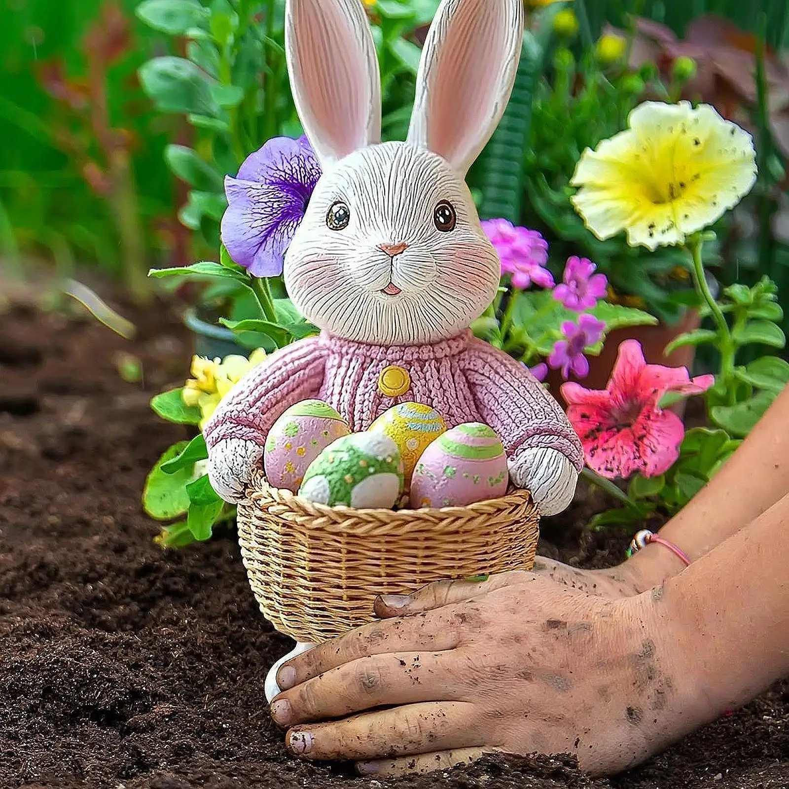 2D Easter Bunny Decorative Garden Stake Planter Pot Decor Lawn Ornament for Pathway Courtyard Indoor Outdoor Backyard Outside
