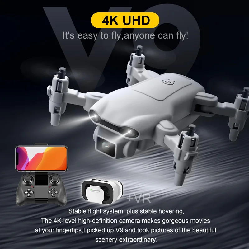 V9 Easy To Fly Folding Quadcopter Long Range FPV Mini UAV Drone VR 4k Wide Angle Camera RC Helicopters Dron Toy Gift Free Return