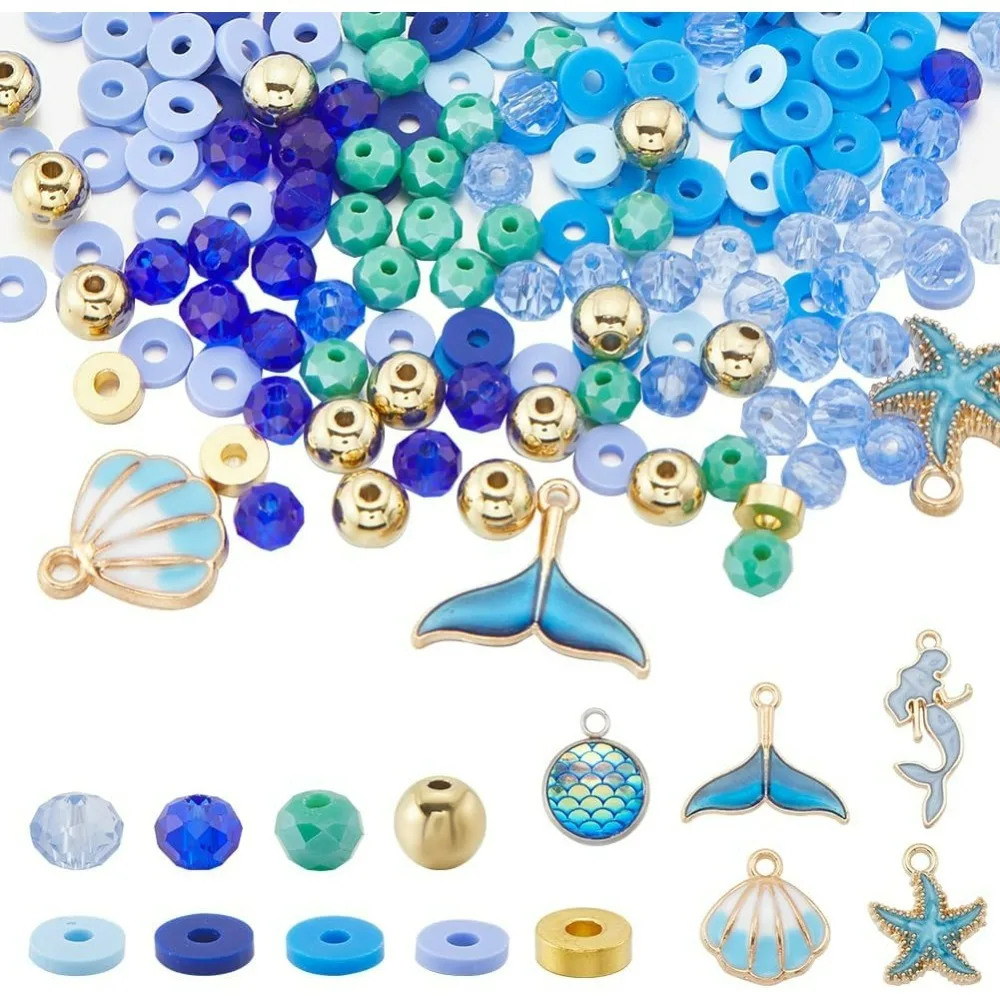 

1 Box 800Pcs Sea Blue Polymer Clay Beads Kits Ocean Beads Summer Hawaii Fish Shell Starfish Charms Glass Spacer Loose Bead