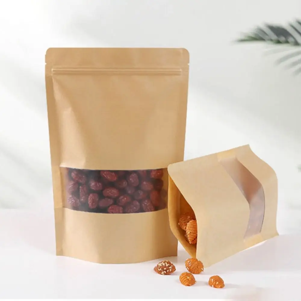 

50pcs with Window Kraft Paper Self Sealing Bags Stand Up Thickened Food Storage Pouch Moisture-proof Food Repacking Pocket