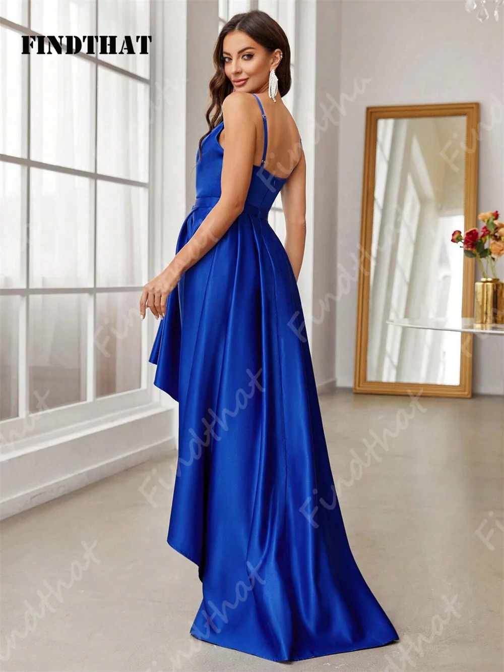 Findthat Elegant Royal Blue High-Low Satin Bridesmaid Dress for Wedding 2024 Simple V-Neck Cocktail Prom Gowns vestidos de gala