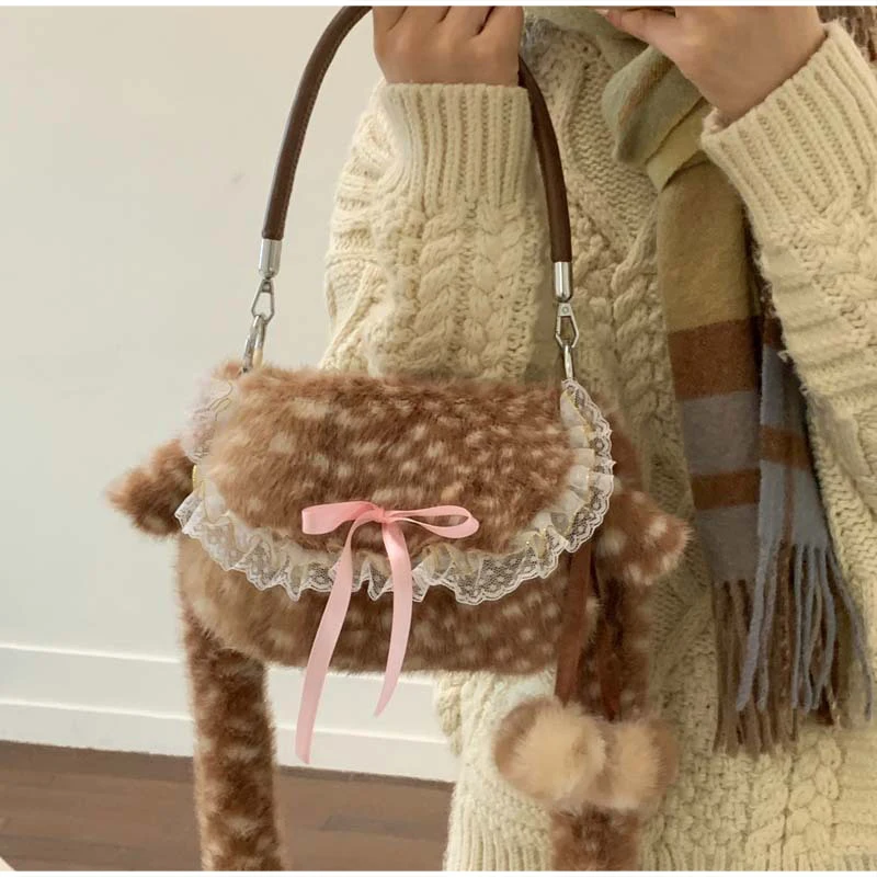 Japanische Hirsch gefleckte Band Plüsch Unterarm Umhängetasche, Mori Girl Elch flauschige Frauen Geldbörse, Winter süße Woodland Fairycore Handtasche – Detail 25