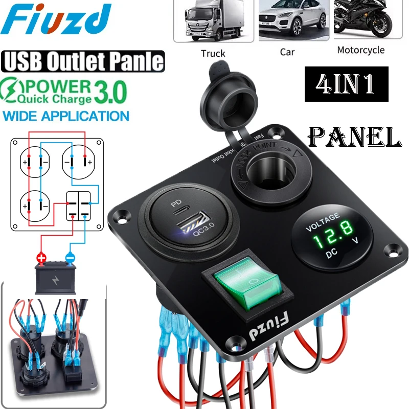 4 in 1 ON/OFF Charger Socket Panel Dual USB Socket Power Outlet & LED Voltmeter &Cigarette Lighter Socket& LED Switch 