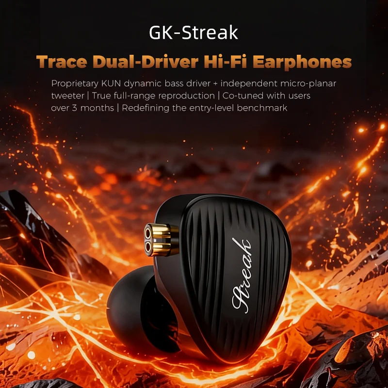 GK-Streak Hi-Fi In-Ear Monitors KUN  Dynamic + Micro Planar Dual-Driver Earphones with Detachable Cable GK-KUNTEN Upgraded