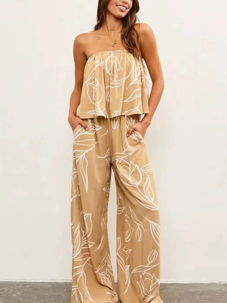 

Daily commuting style pleated design top and wide leg pants two-piece set temperament floral pattern print summer new item