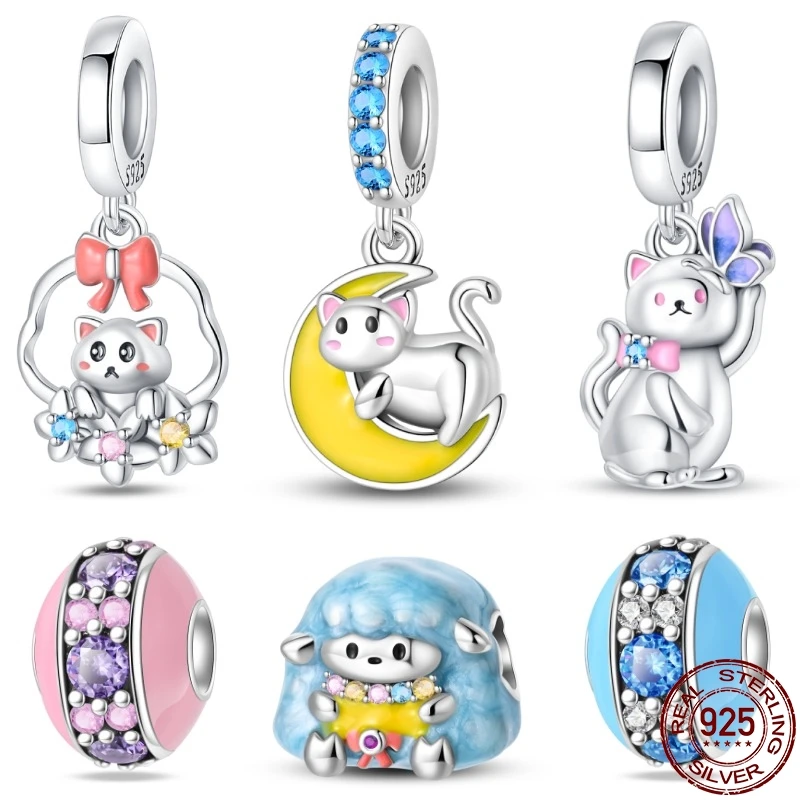 

S925 Sterling Silver Creative Small Animal Moon Cat Pendant Fit Pan Bracelet DIY Charm For Women Jewelry Fashion Gift Hot