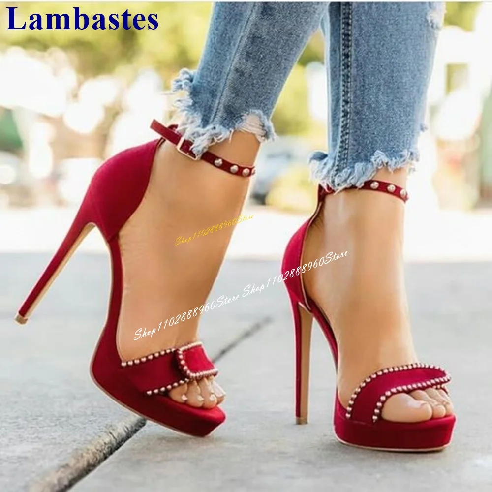 Red Platform Strappy Crystal Decor Sandals Stilettos High Heel Women Shoes Ankle Buckle Strap Open Toe 2024 Zapatos Para Mujere