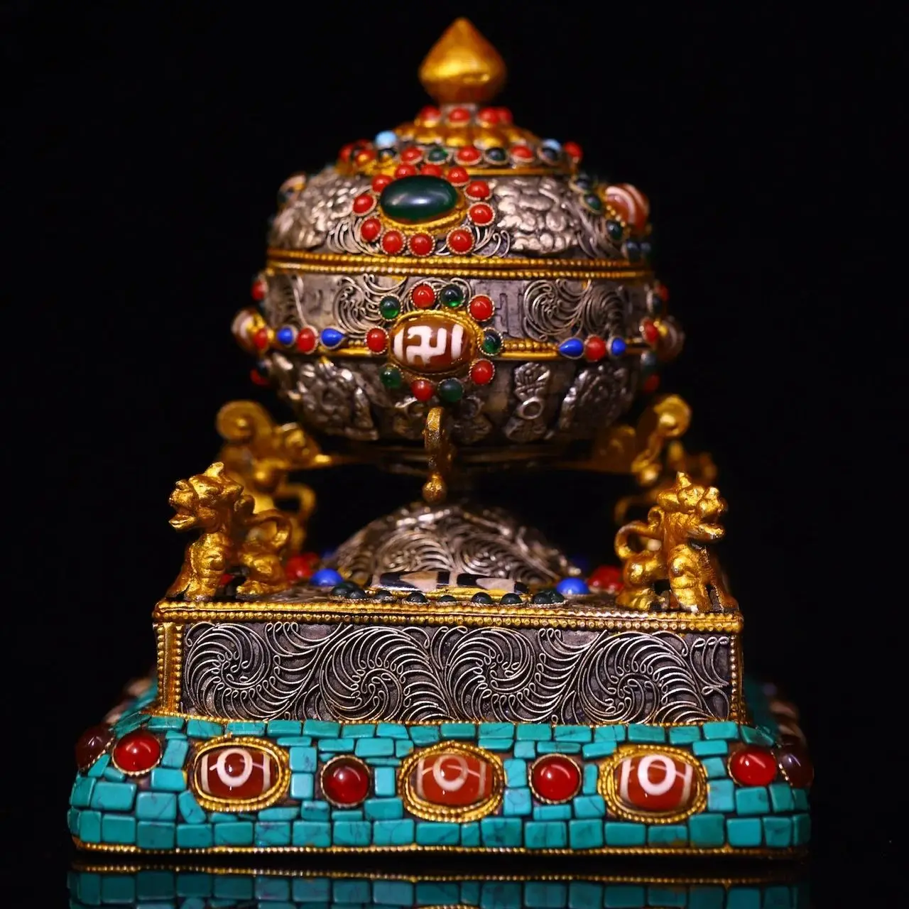 

6"Tibetan Temple Collection Old Tibetan Silver Gilded Mosaic Gem gZi Beads Turquoise Four Kylin Prayer Wheel Old Scriptures