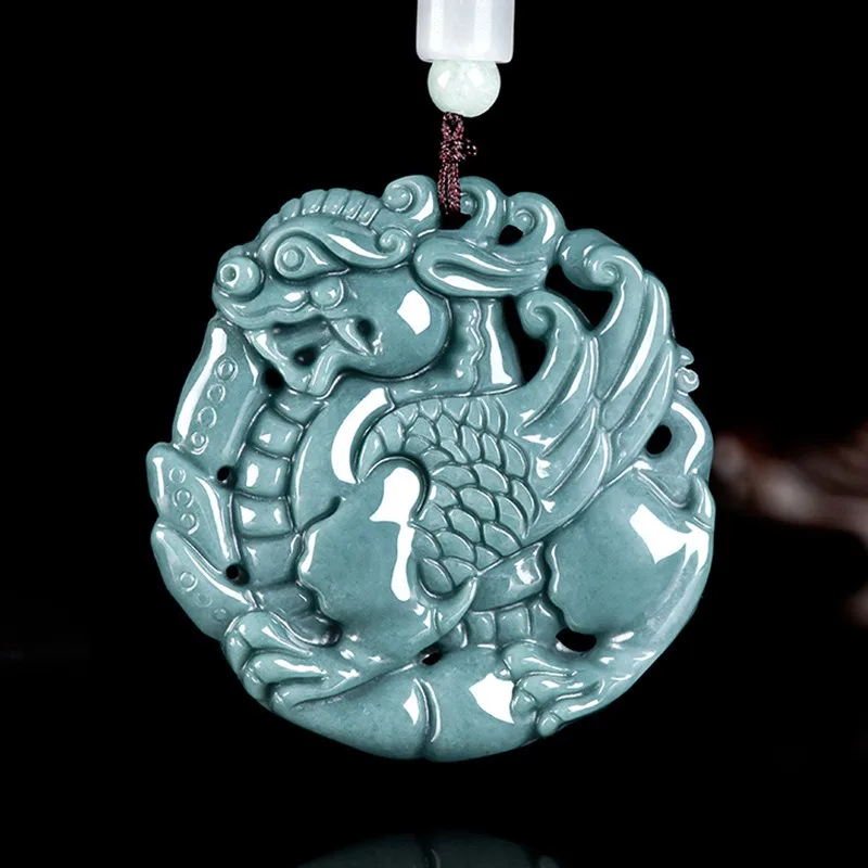 

Hand-carved Kirin Natural Burmese Blue Emerald Dragon Jade Pendant Necklace Fashion Charm Jewelry Amulet Gifts for Men Luxury