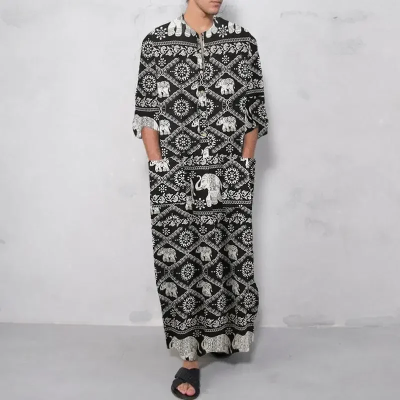 Mannen Overhemden Echt Linnen Katoen Nachthemden Badjas Lange Mouw Caftan Vakantie Strand Gewaad Moslim Kaftan Arabische Thobe Homewear