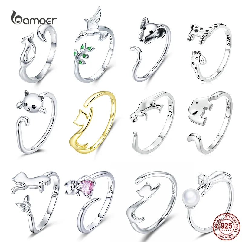 Bamoer Genuine 925 Sterling Silver Cute Cat and Mouse Ring for Women S925 Open Animal Ring Fine Jewelry Accessories for Girl