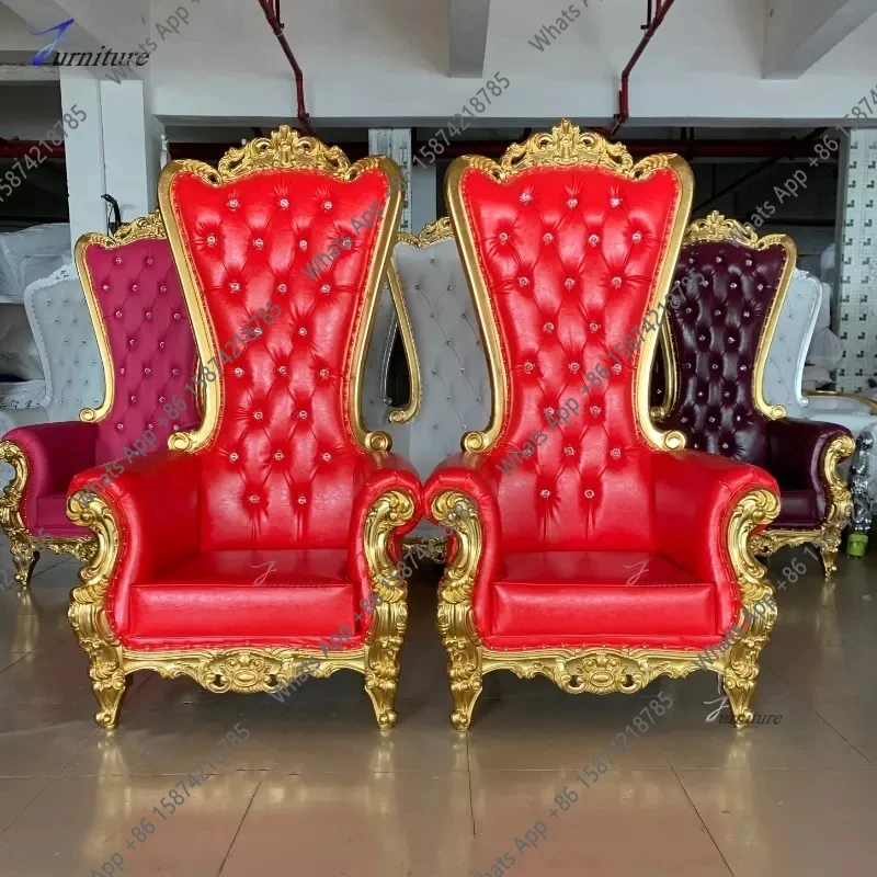 Factory price wood carvings luxury wedding trone chair bride and groom cheap high back golden king royal crown throne cha