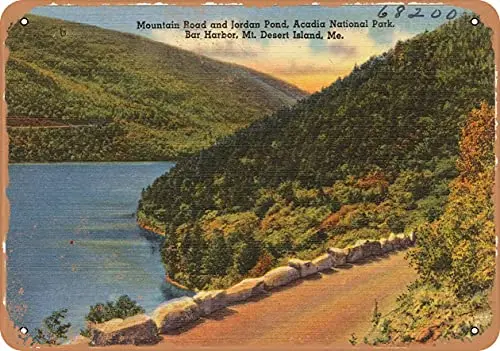 Metalowy znak Pocztówka Maine - droga górska i staw jordan, Park narodowy Acadia, bar Harbor, Mt.D - Vintage Rusty Look