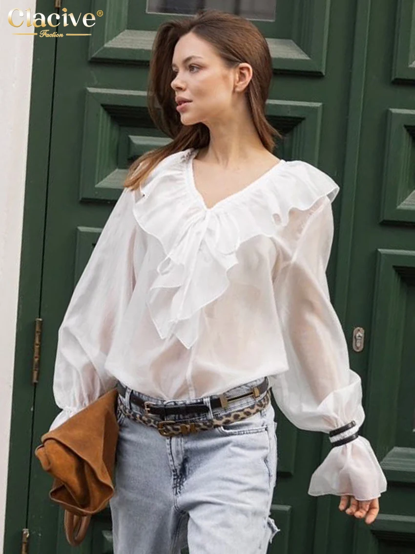 

Clacive Sexy Loose White Women's Top Fashion V-Neck Long Sleeve Lady Shirt Elegant Classic Ruffles Tops Female Clothing 2025