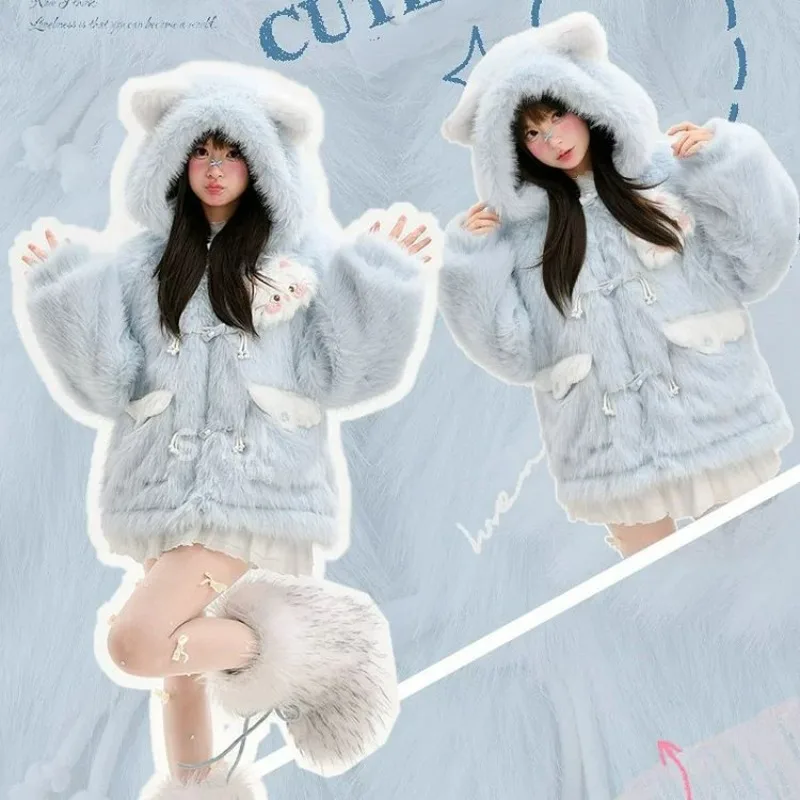Sweet Cute Cat Three-dimensional Animal Ear Soft Girl Hooded Girl Thickened Fleece Jacket To Keep Warm Autumn Winter New Women's