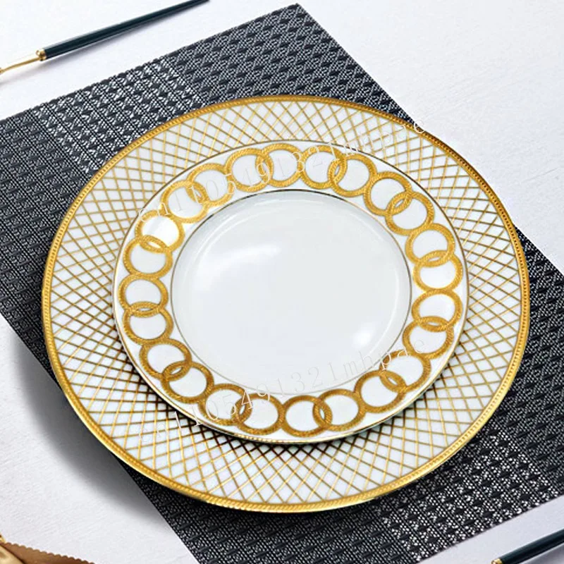 

European 10.5 inch 8 inch household gold bone china white plate set tableware tableware luxury