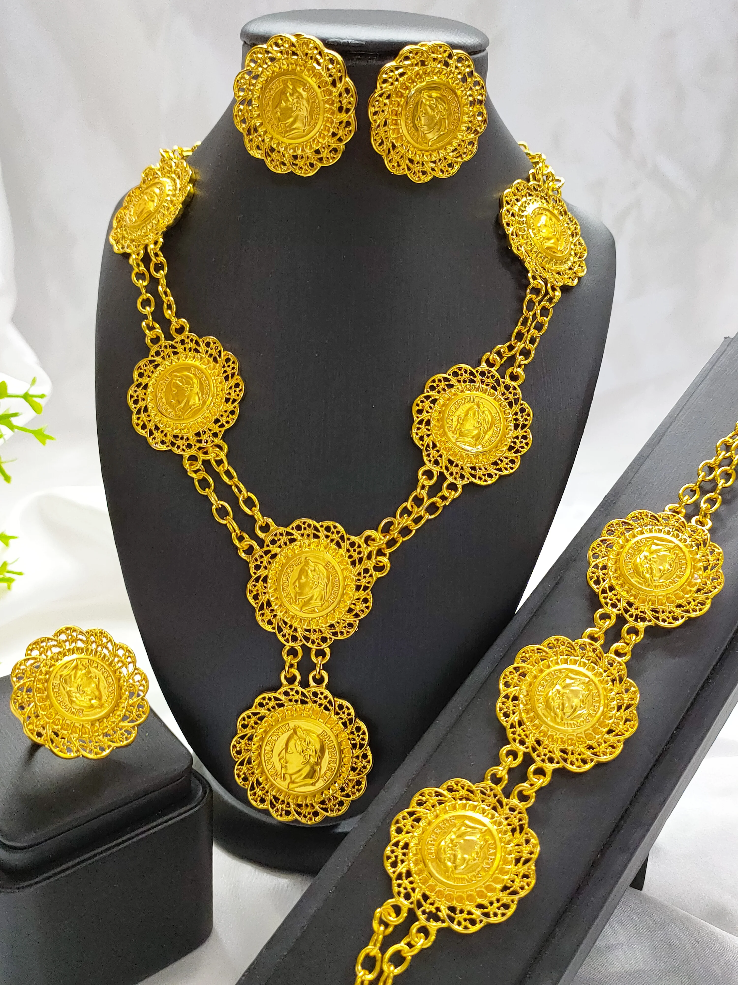 Ethiopian 24K Gold Color Coins Jewelry Set African Hawaiian Luxury Necklace Bracelet Pendant Set Dubai Wedding Gifts