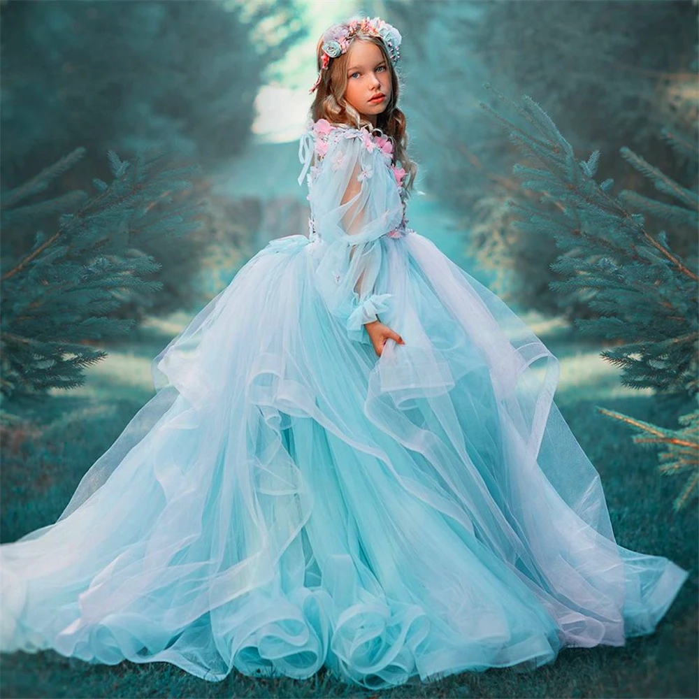 

Gorgeous Long-sleeved Tulle Lace Layered Flower Girl Dress Princess Ball Pageant First Communion Kids Surprise Birthday Present