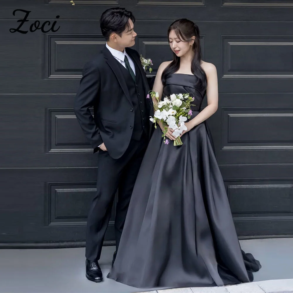 

Zoci Strapless Black Korea Wedding Dresses Photos Shoot Soft Satin A Line Customized Draped Long Floor Bride Reception Dress