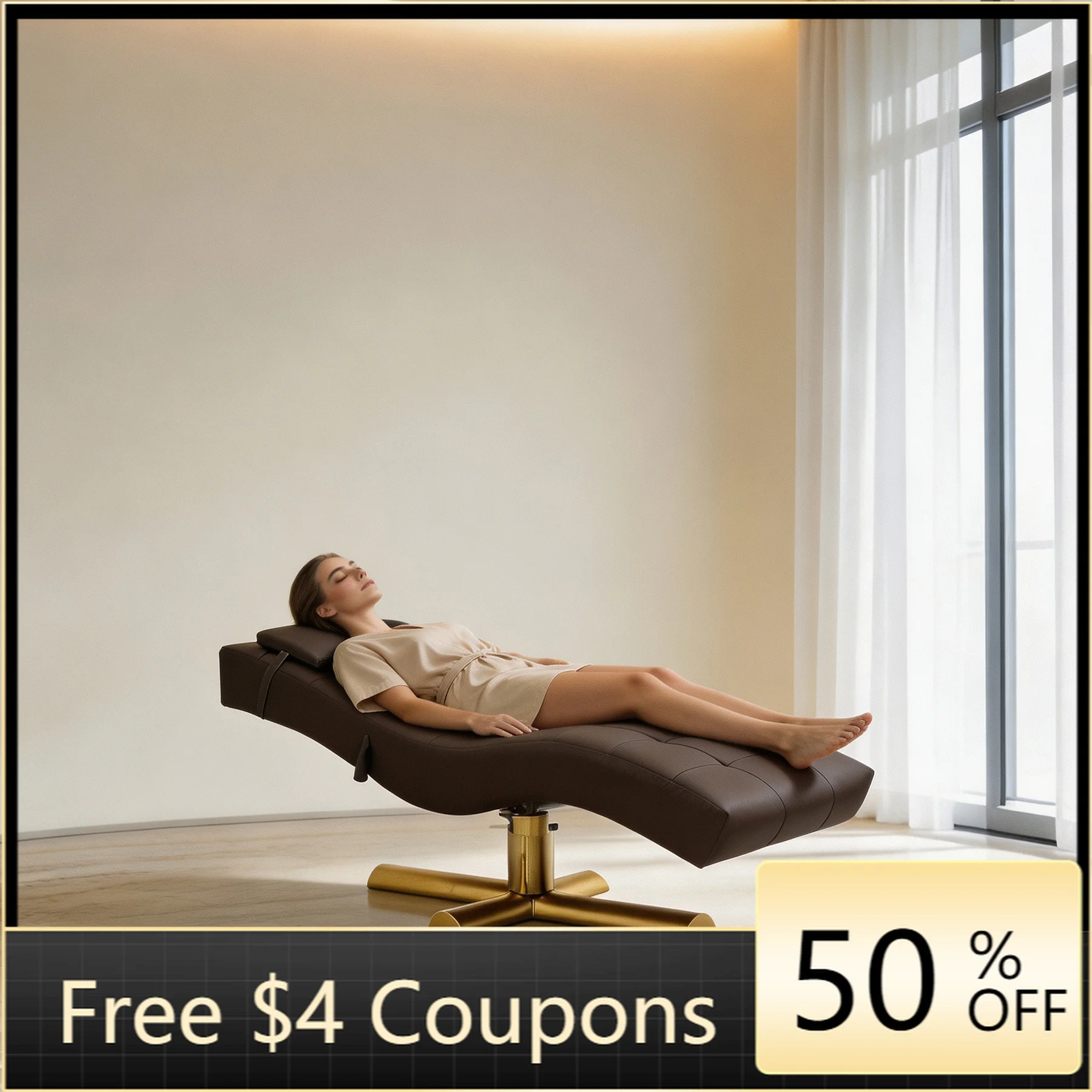 Luxury Curved Brown PU Leather Beauty Salon Chair Gold Metal Hydraulic Base Adjustable Reclining Esthetician Bed Lash Tattoo Fac