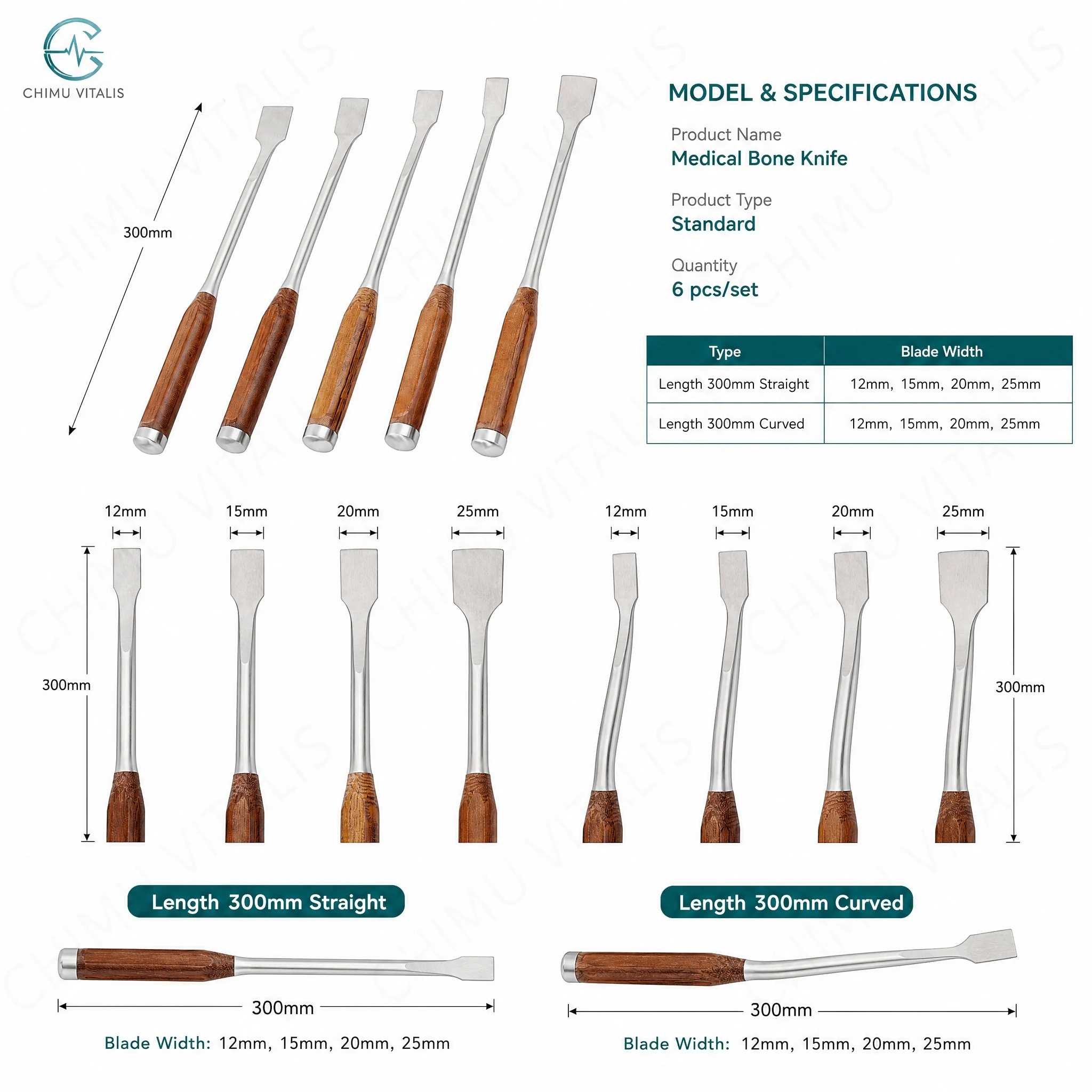 【CHIMU VITALIS】Veterinary Osteotome Chisel Flat Curved Gouge Wood Handle Stainless Steel Clinic Procedure Hand Instruments
