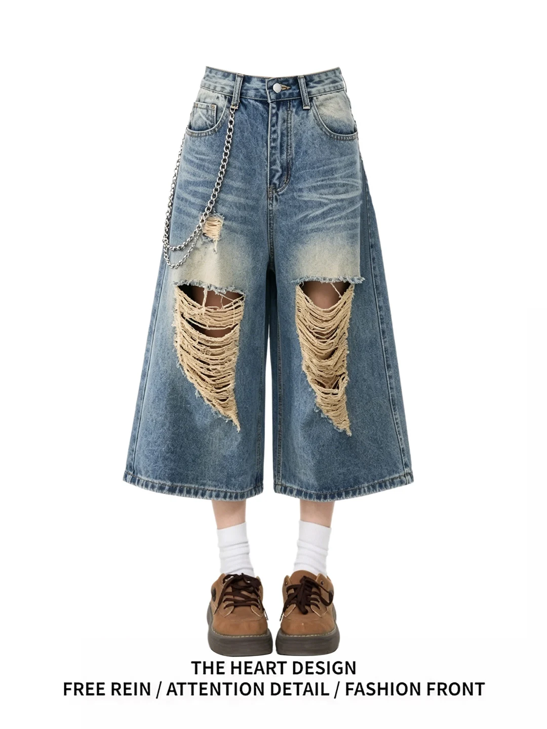 

American Retro Design Washed Loose Wide Leg Jeans Women's Summer New Style Hole Punching Casual High Waist Denim Pants